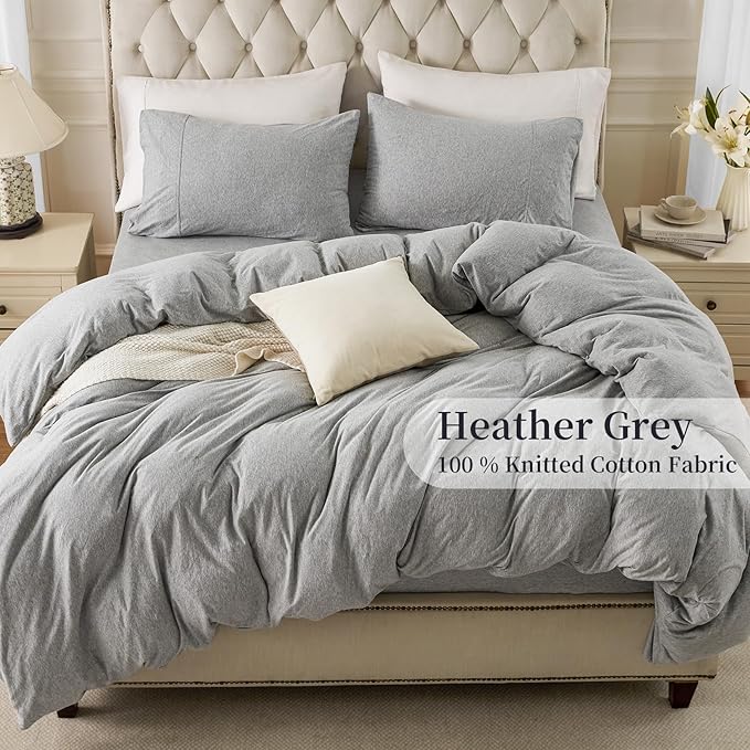 PURE ERA Jersey Knit Duvet Cover Set 100% T-Shirt Cotton Super Soft Comfy 2pc Bedding Set with Zipper Closure (Heather Grey, Twin)