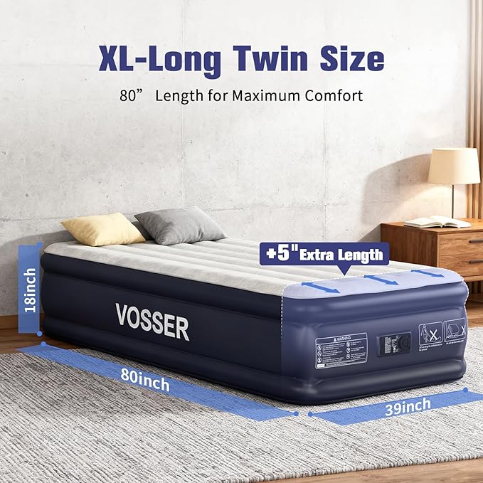 VOSSER Twin XL Air Mattress with Built in Pump Raised,80" Long,Upgraded 18''Inflatable Mattress,Self Inflatable Blow Up Mattress in 2 Mins,Twin Size Air Mattress with Carry Bag for Home,Camping