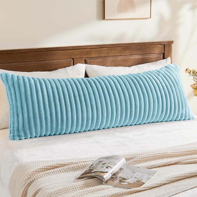 BEDELITE Fluffy Faux Fur Body Pillow Cover with Zipper, Luxury Plush 3D Striped Pillow Cover 20x54 Inches, Super Soft and Cozy Long Body Pillow Pillowcase for Bed Sofa Couch Room Decor(Light Blue)