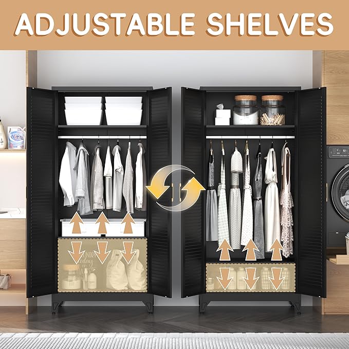 SteeLoong 71" Metal Wardrobe Cabinet with Hanging Rod, Armoire Wardrobe Closet with Doors and Adjustable Shelves, Black Clothing Storage Cabinets for Bedroom Office,School,Hospital