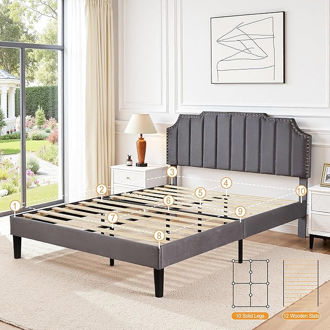 VECELO Queen Upholstered Platform Bed Frame with 4 Storage Drawers,Velvet Vintage Queen Bed with Nailhead Trim,Tufted Height Adjustable Headboard,Wooden Slats/No Box Spring Needed/Easy Assembly