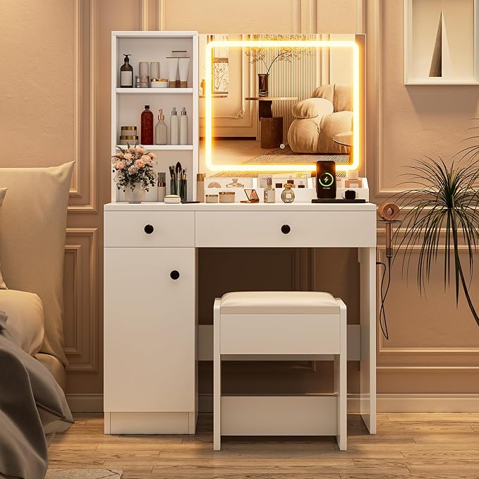 KAMABOKO Vanity Desk with Lighted and Mirror, White Makeup Table with Drawers and Charging Station, 3 Model Adjustable for Bedroom & Dressing Room (007 White)