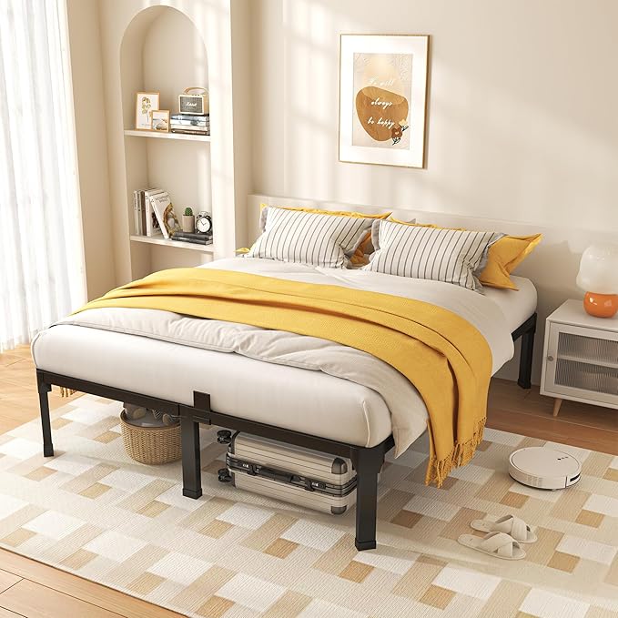 ROIL 18 Inch King Size Bed Frame with Mattress Slide Stopper - Double Black Basic Anti Squeak Steel Slats Metal Platform, Heavy Duty Noise Free Easy Assembly Bedframes, No Box Spring Needed