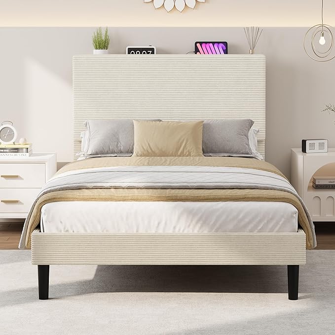 IDEALHOUSE Twin Size Bed Frame, Platform Bed with Adjustable Corduroy Upholstered Storage Headboard and Charging Station, Sturdy Metal Support, Noise Free, Easy Assembly, Beige