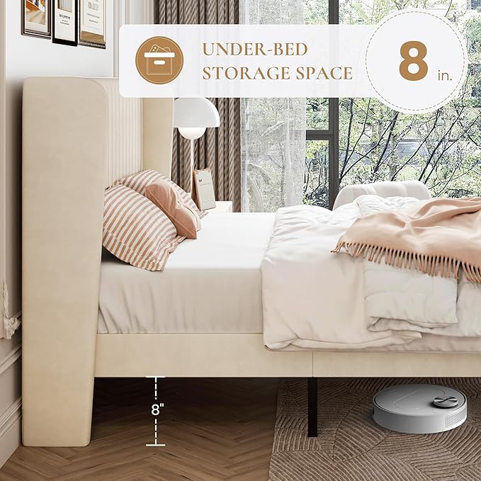 SHA CERLIN Queen Size Velvet Bed Frame with Vertical Channel Tufted Wingback Headboard, Upholstered Platform Bed with Wood Slats, No Box Spring Needed, Easy Assembly, Cream White