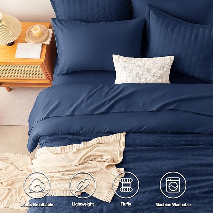 CozyLux Twin XL Comforter Set with Sheets Seersucker Navy Blue 5 Pieces Bed in a Bag, Twin Extra Long Luxury Soft Bedding Sets College Dorm with Down Alternative Comforter, Sheets, Pillowcase & Sham
