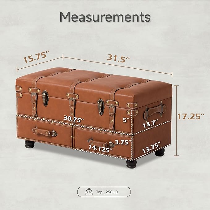 COZAYH Vintage Mid-Century Faux Leather Storage Ottoman Accent Bench - Upholstered Padded Chest for Entryway, Bedroom, Living Room, Orange