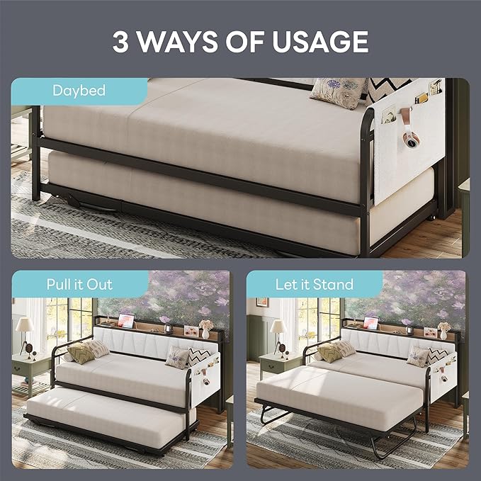LIKIMIO Twin Daybed, Day Bed with Trundle, Storage Boucle Upholstered Headboard and Charging Station, Trundle Bed with Strong Supports for Living Room, Bedroom, and Guest Room, Cream