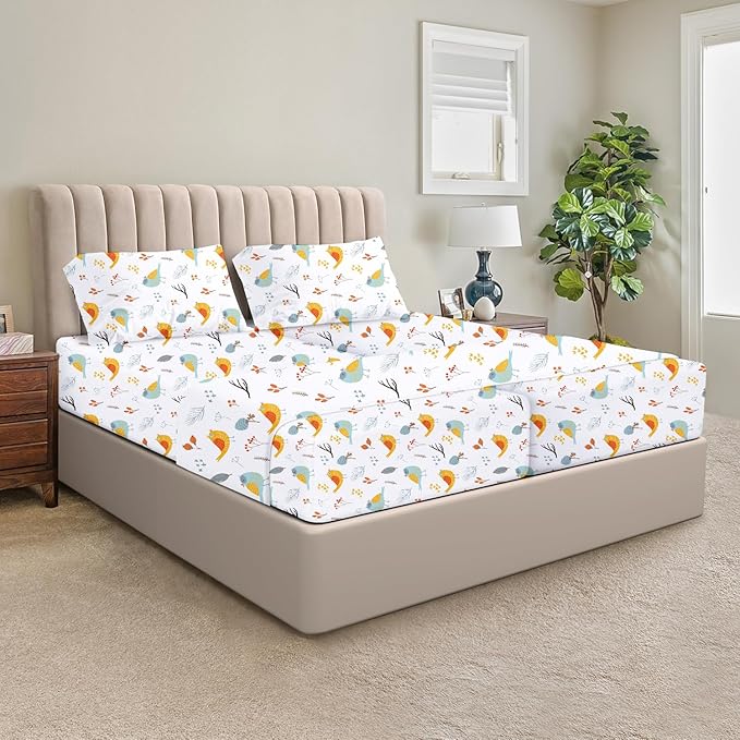 SGI Split King Sheet Set for Adjustable Bed Egyptian Premium Cotton 600 Thread Count Sheets for Sleep Number Bed 15" Deep Pocket 5 Pc Set with 2 Twin XL Fitted Sheets Soft Breathable - Spring Bird