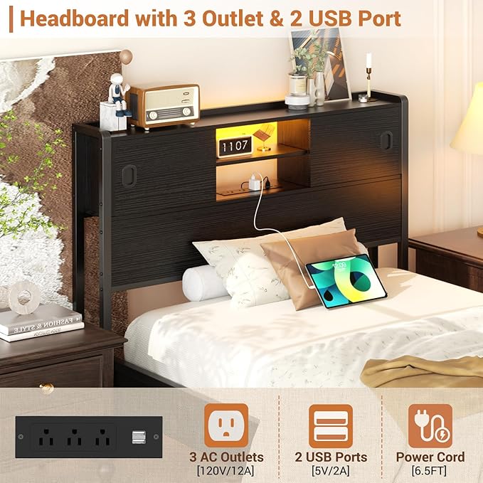 Homieasy Twin Storage Headboard with Sliding Doors, Bookcase Head Board with Charging Station & Smart LED Light, Headboard Only for Twin Bed, Wood Headboards with Bookshelf