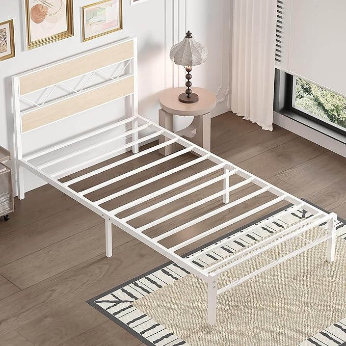 VECELO Twin Size Bed Frame with Headboard, Heavy-Duty Platform Bedframe with Metal Slats Support, No Box Spring Needed, Easy Assembly, White & Natural