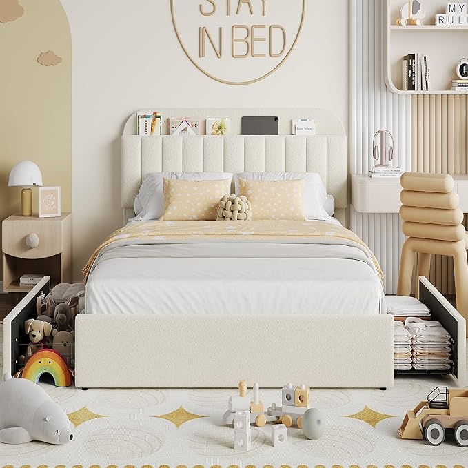 IDEALHOUSE Queen Bed Frame with 2 Flexible Drawers and Bookcase Headboard, Boucle Upholstered Platform Bed for Boys/Girls, Noise-Free, Easy Assembly, No Box Spring Needed, Beige