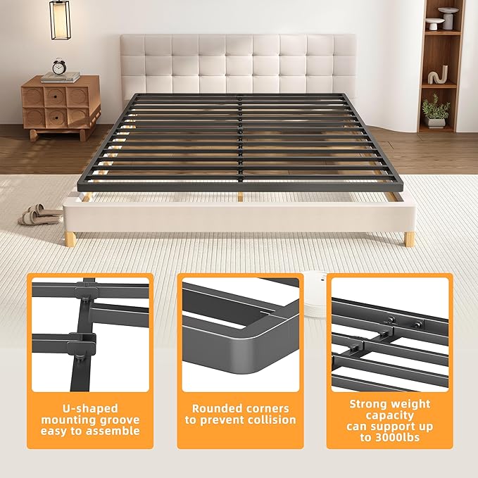 VIPSHOW 2 Inch Full Metal Box Spring with Round Corners - 3000 lbs Capacity, Low Profile Bed Slat Replacement Bunkie Board with Steel Slats, Noise-Free, Easy Assemble, Black