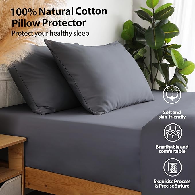 100% Cotton Classic Pillow Protectors with Invisible Zipper, 600 Thread Count Sateen Weave Soft and Breathable Pillow Cases, Protect Pillows from Dirt, Dust and Debris (King, 20"x36", Set of 2)