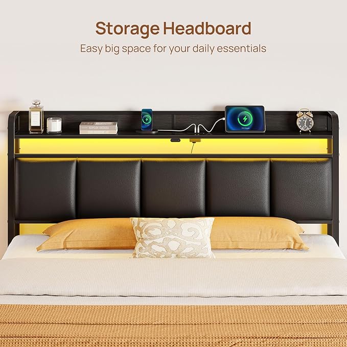 Rolanstar Bed Frame Queen Size with Charging Station and LED Lights, Upholstered Storage Headboard with Drawers, Heavy Duty Metal Slats, No Box Spring Needed, Easy Assembly, Black