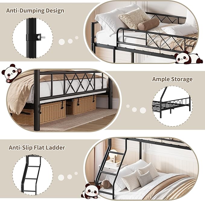 Garvee Metal Bunk Bed Twin Over Full, Heavy Duty Frame with Ladder & Guardrails, Sturdy Metal Slats, No Box Spring Needed, Space Saving for Dorm, Bedroom, Apartment, Matte Black