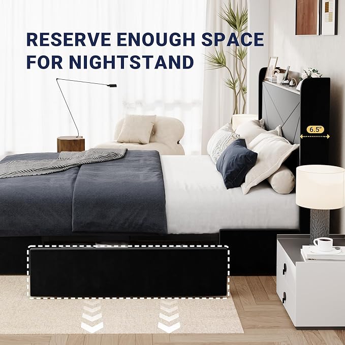 Allewie King Size Velvet Bed Frame with 3 Storage Drawers, Upholstered Platform Bed with Wingback Storage Headboard and USB Ports, No Box Spring Needed, Easy Assembly, Black