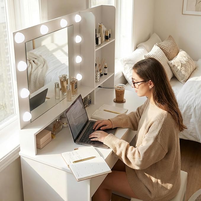YESHOMY 39" Vanity Desk with Mirror & Lights, Makeup Vanity Table with Power Outlet & Storage Drawers, 3 Color LED Lighting, Dressing Table for Bedroom, White