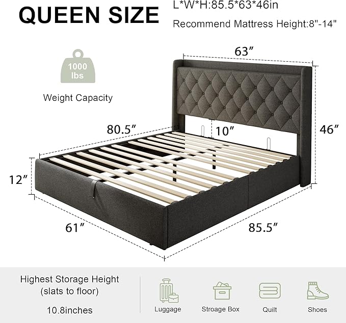 Feonase Queen Bed Frame with Storage & Charging Station - Hydraulic Lift Up Platform Bed, Upholstered Button Tufted Headboard, Sturdy Wooden Slats, Noise-Free, No Box Spring Needed, Dark Gray