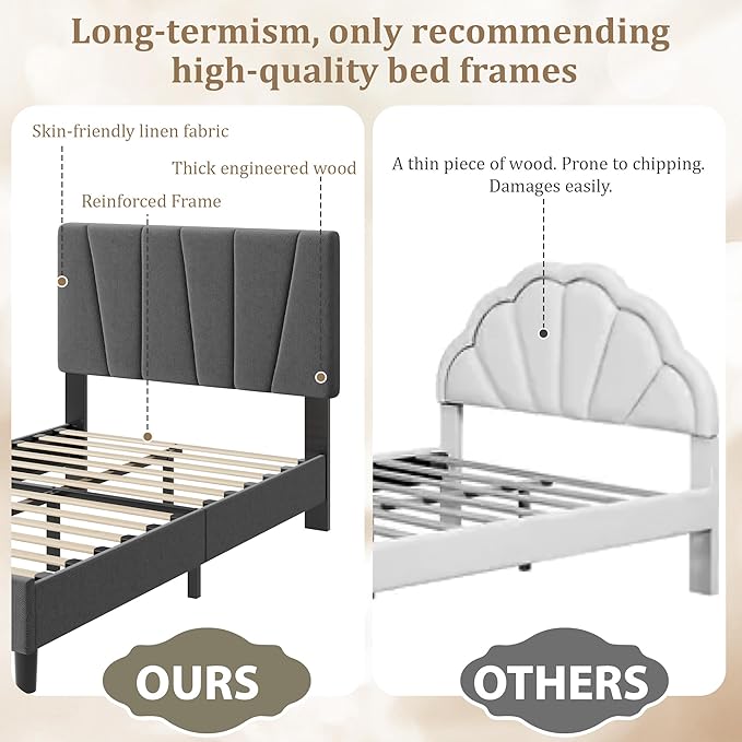 Twin Size Platform Bed Frame for Kids, Linen Upholstered Headboard & Wooden Slats Support, Noise-Free Mattress Foundation/No Box Spring Needed/Easy Assembly, Boys Girls Bed,Bedroom Furniture