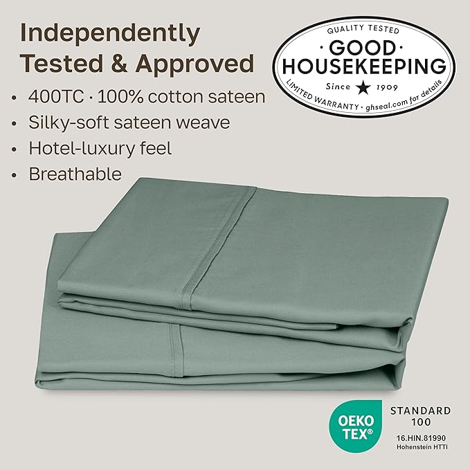 California Design Den Standard Queen Size Pillowcase Set - 400 Thread Count, 100% Cotton Sateen, Set of 2 Pillow Covers, Soft and Breathable - Sage Green