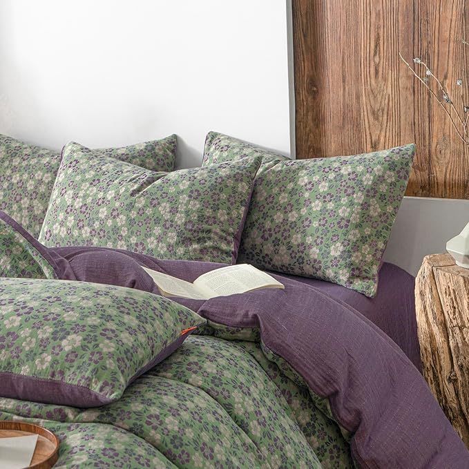 VM VOUGEMARKET Green & Purple Floral Jacquard Duvet Cover Set Queen,Breathable Double Layer Gauze Farmhouse Style Bedding Set for Home