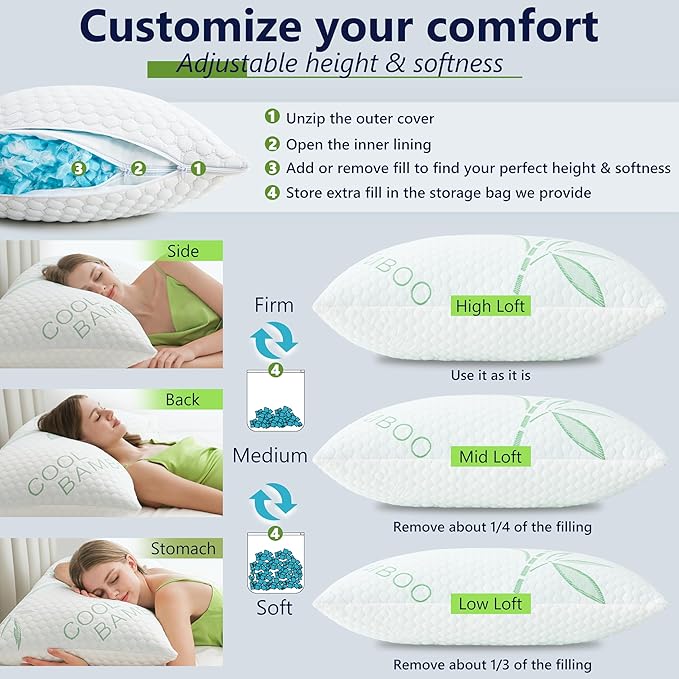 Cooling Pillows, Shredded Memory Foam Pillows King Size Set of 2 Adjustable Firm Bamboo Bed Pillows for Hot, Side, Back and Stomach Sleepers