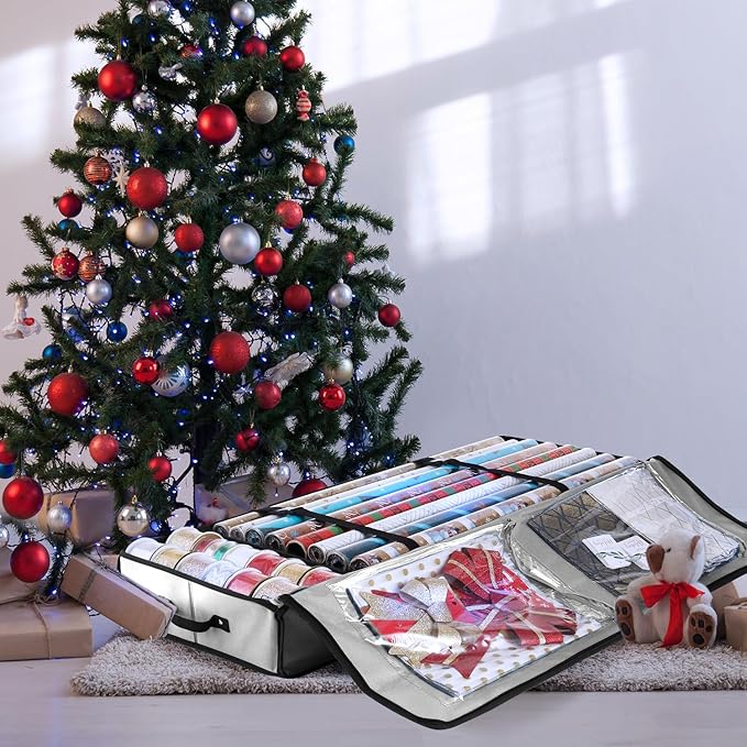 Hearth & Harbor Wrapping Paper Storage Container - Christmas Storage Bag with Interior Pockets - Gift Wrap Organizer Fits Up to 22 Rolls of 40" - Tear Proof, Silver
