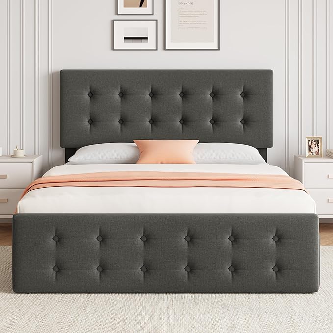 IDEALHOUSE Full Size Bed Frame with 4 Storage Drawers and Headboard, Linen Upholstered Platform Bed Frame with Wooden Slats Support, Button Tufted Design, No Box Spring Needed, Light Grey