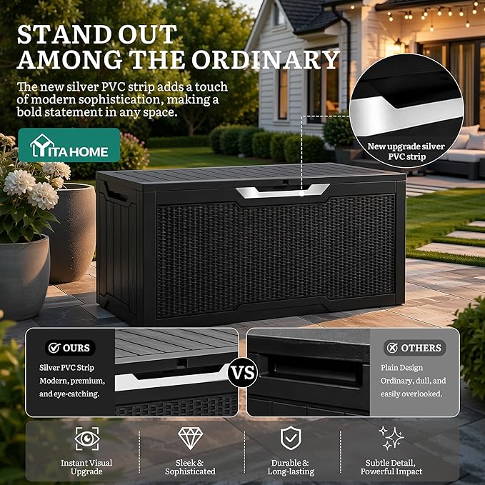 YITAHOME 80 Gallon Outdoor Storage Box, Large Water Resistant Resin Deck Box, Indoor Outdoor Lockable Rattan Storage Container for Patio, Garden, Cushions, Tools, Equipment (Black)