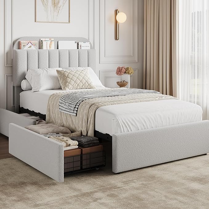 GarveeHome Twin Bed Frame with Storage Headboard, Kids Bed Frame with 2 Drawers, Boucle Upholstered Platform Bed with Bookcase, No Box Spring Needed, Easy Assembly, Light Gray