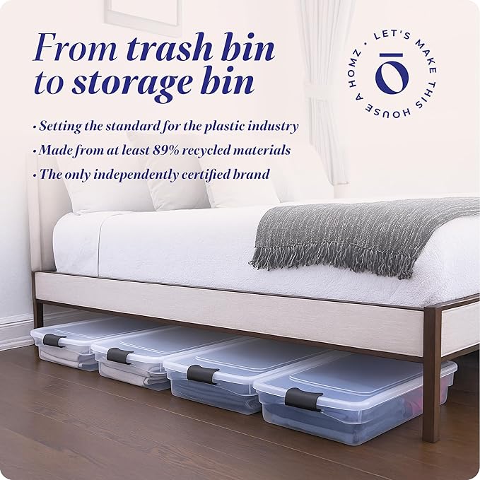 HOMZ 4-Pack Under Bed Storage, Clear Plastic Containers with Lids, 60 Quart, Gray Latch - Stackable Underbed Organizer Bins for Shoes, Bags, Clothes, and Towels