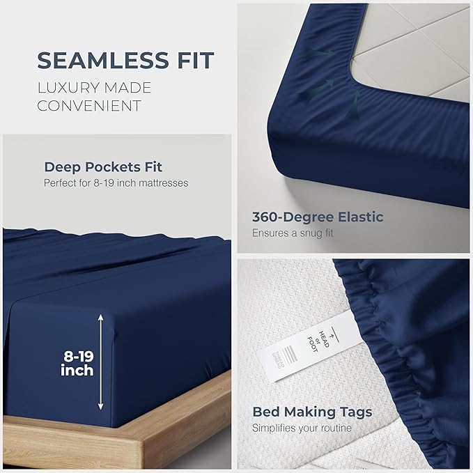 THREAD SPREAD 100% Egyptian Cotton Sheets Queen Size - Luxury 1500 Series Queen Sheet Set Egyptian Cotton (4 PC, Navy Blue), Silky Soft, Sateen Weave, Cooling & Breathable, 17" Deep Pocket Bed Set
