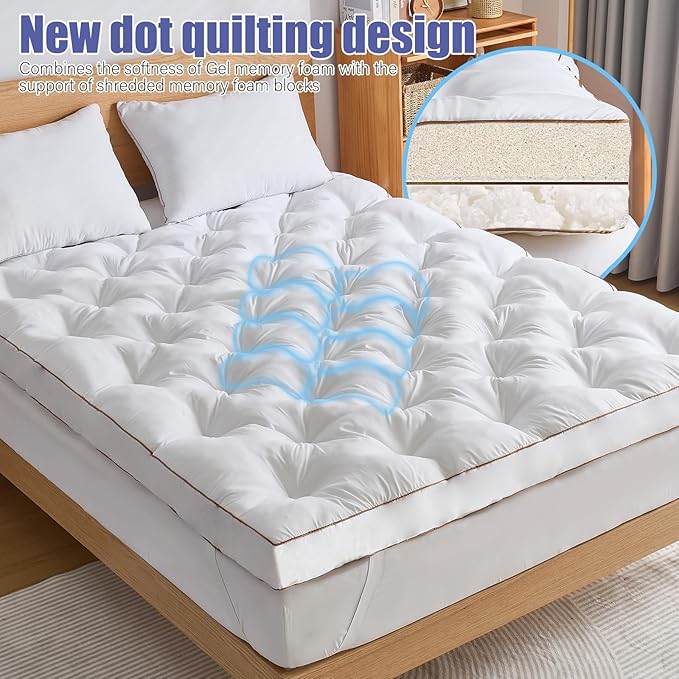 WhatsBedding 4 Inch Memory Foam Mattress Topper Queen for Back Pain Relief, Filled with Breathable Gel Memory Foam, Fluffy Comfort Supportive Pillow Top Mattress Topper, 80x60x4in