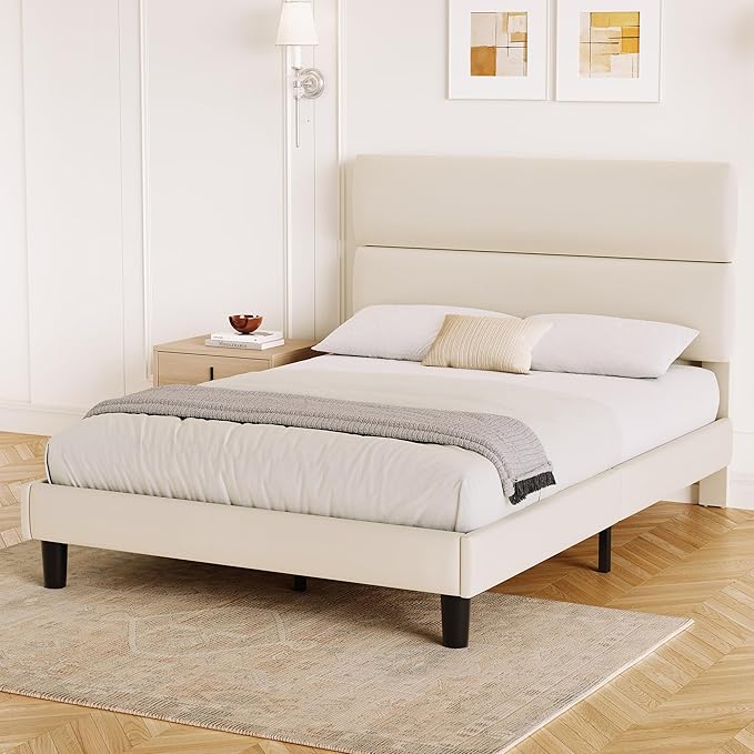 GRUSIGN Full Size Platform Bed Frame with Velvet Headboard, Adjustable Height Wooden Slats Support, Upholstered Mattress Foundation, Fits Mattress or Mattress with Box Spring, Easy Assembly, Beige