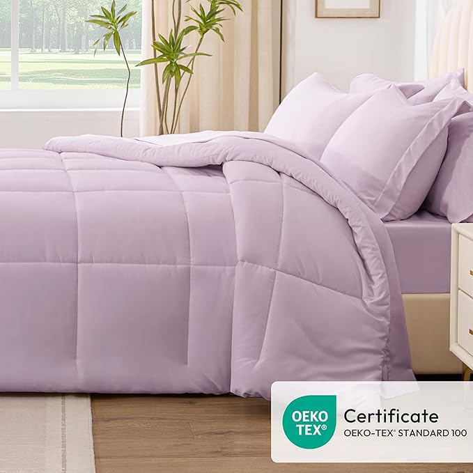 Love's cabin Queen Comforter Set Light Purple, 7 Pieces Queen Bed in a Bag, All Season Bedding Sets with 1 Comforter, 1 Flat Sheet, 1 Fitted Sheet, 2 Pillowcase and 2 Pillow Sham | Soft, Breathable, Lightweight, Comfortable