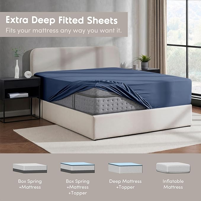 Nestl 4 Pack Navy Blue Fitted Sheet Extra Deep Pocket, Hotel Luxury FullFitted Sheet Only Easily Fits 18 to 24 Inch Mattress, Super Soft, Wrinkle-Free and Breathable with Corner Straps
