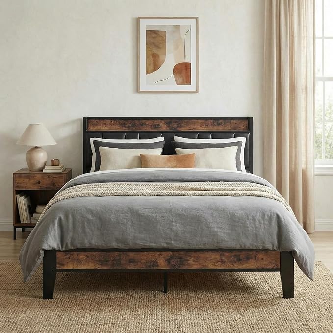 LIKIMIO Full Size Bed Frame, Storage Headboard with Charging Station, Solid and Stable, Noise Free, No Box Spring Needed, Easy Assembly (Vintage and Black)