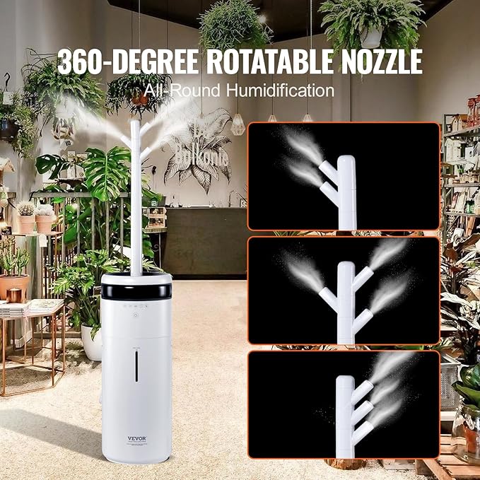 VEVOR Humidifier for Home Large Room 1291.7 sq ft, 16L Commercial Humidifier for Whole House Greenhouse Night Light & 12h Timer & Auto Shut-Off Humidifiers, Commercial Branch Tube w/ 360° Nozzle