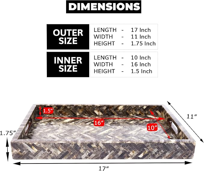 Handicrafts Home 17"x11" Decorative Tray, Resin Inlay Ottoman Coffee Table Tray with Handles, Rectangular Serving Tray for Breakfast, Vanity, Centerpiece Décor