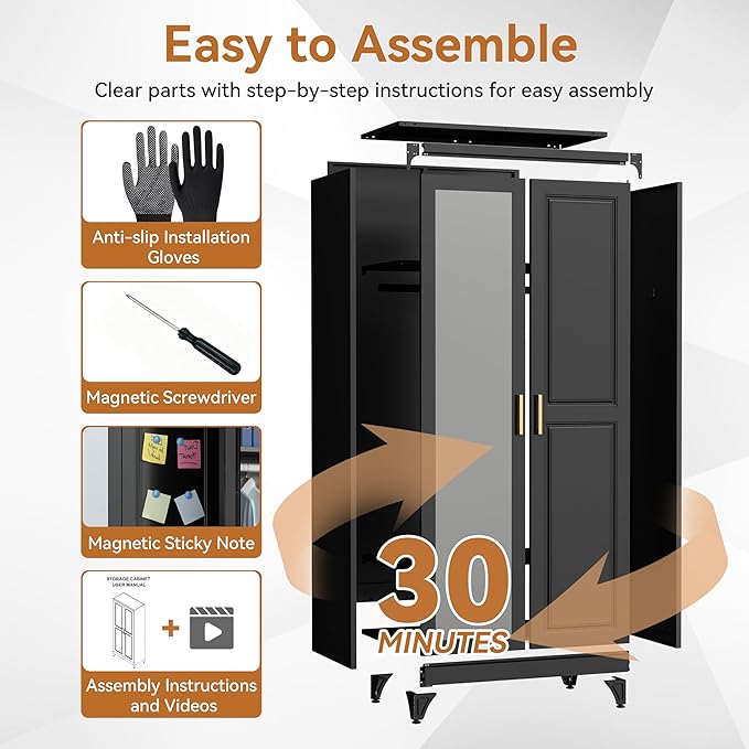 Polup Metal Armoire Wardrobe Closet with Mirror, 71" Tall Steel Clothing Storage Cabinet with 2 Doors, Hanging Rod and Adjustable Shelves, Freestanding Clothes Organizer for Bedroom, Office, Black