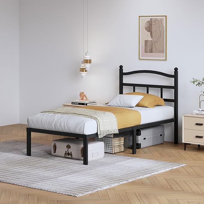 SHOANED 14 Inch Metal Bed Frame - Twin Size Heavy Duty Bedframe with Headboard Black Basic Steel Slats Platform No Box Spring Needed/Easy Assembly/Noise Free