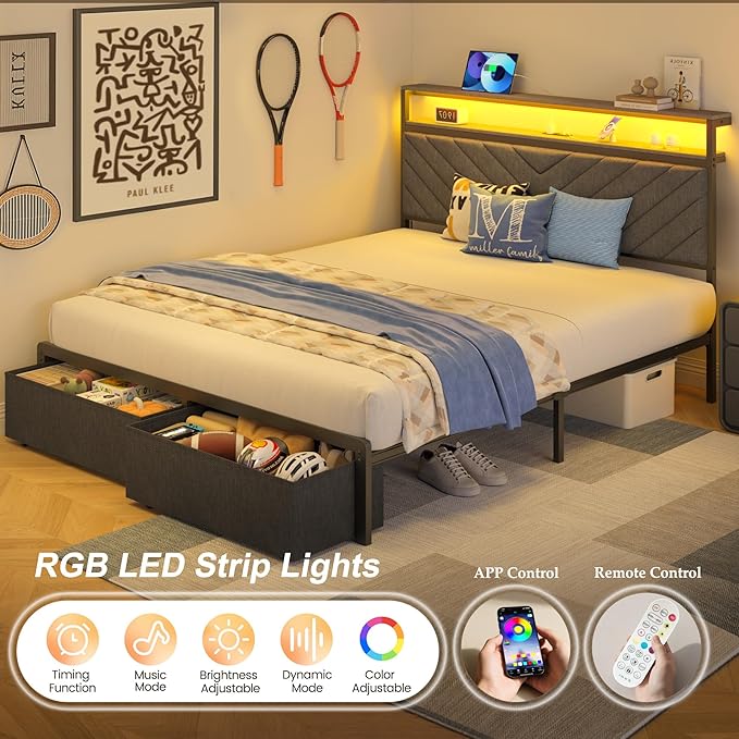 HISOFT Queen Bed Frame with Charging Station, LED Lights & 2 Storage Drawers, Grey Platform Bed with Upholstered Headboard, Under-Bed Storage, No Box Spring Needed, Easy Assembly, Strong Support