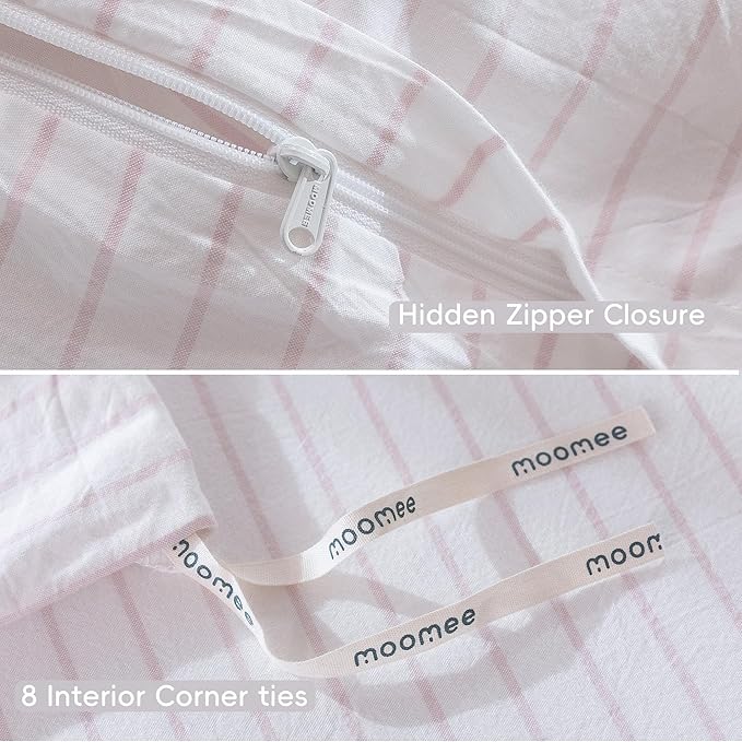 MooMee Striped Duvet Cover Set 100% Washed Cotton Linen Like Textured Breathable Durable Soft Comfy (White Heathered Greyish Pink Wide Stripes, Cal King 104"x98")