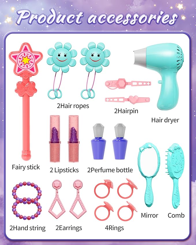 Eohemeral Magic Sensor Toddler Vanity Set with Automatic Opening Mirror, Kids Makeup Table with Induction Light & Music, Real Sound Hair Dryer, Fairy Wand & Accessories, Toy for Girls Age 3 4 5