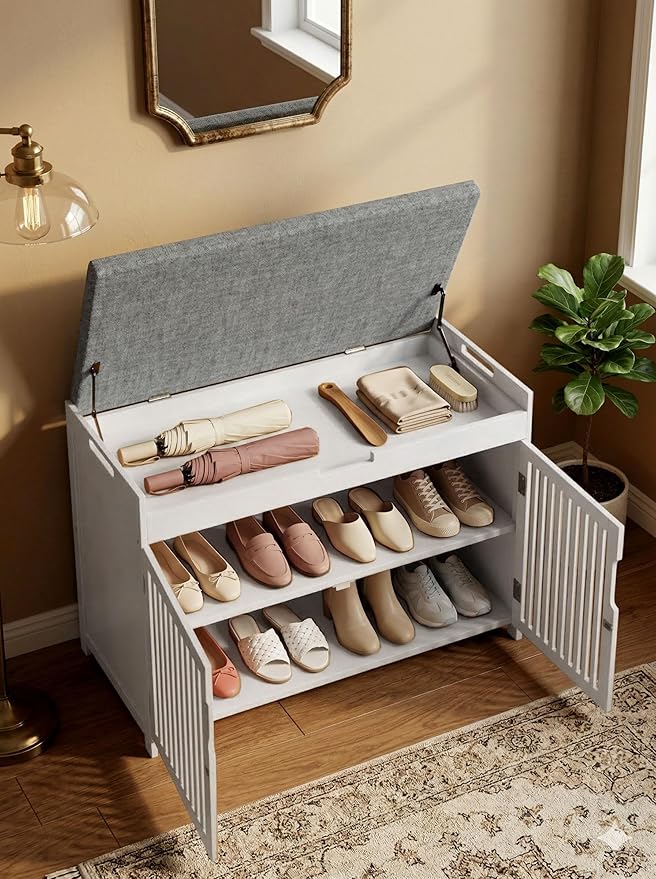 WISUCART Shoe Storage Bench with Cushion Seat, Bamboo Entryway Shoe Rack Bench, 2-Tier Shoe Organizer for Entryway, Bedroom, Hallway, Living Room, Holds Up to 330 lbs, White