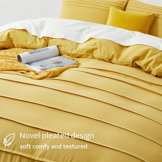Oli Anderson Mist Yellow Duvet Cover Queen Size - Pleated Queen Duvet Cover, 3PCS Soft and Breathable Textured Bedding Set with Zipper Closure(Mist Yellow,90"x90")