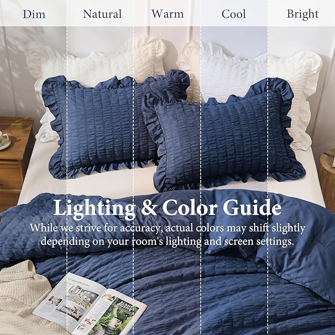 JOLLYVOGUE Navy Blue Comforter Full Size, 3 Pieces Seersucker Lightweight Full Size Bedding, All Season Fluffy Microfiber Bedding Comforter Set with 1 Ruffle Comforter and 2 Ruffle Pillowshams