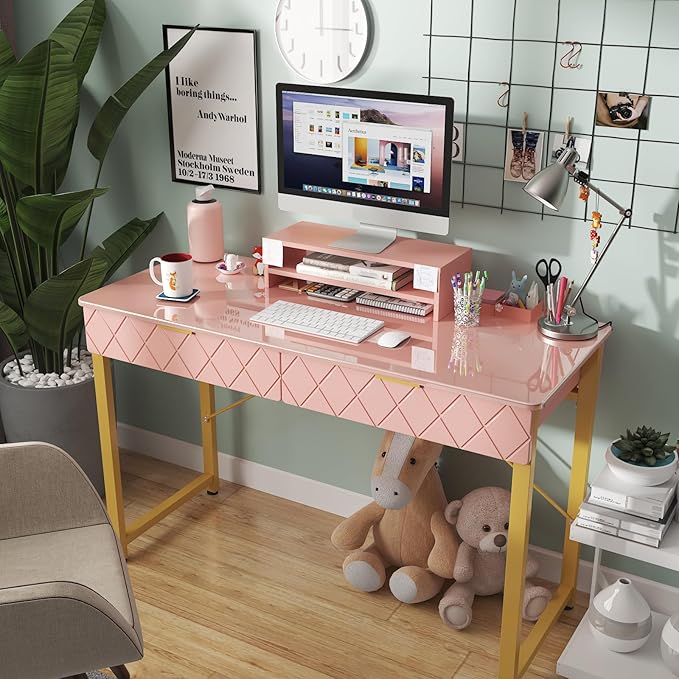 WESTREE Vanity Desk with 2 Drawers and Storage Shelf, Modern Makeup Table with Glossy Desktop, Gold Metal Frame Writing Desk for Bedroom or Home Office, No Mirror