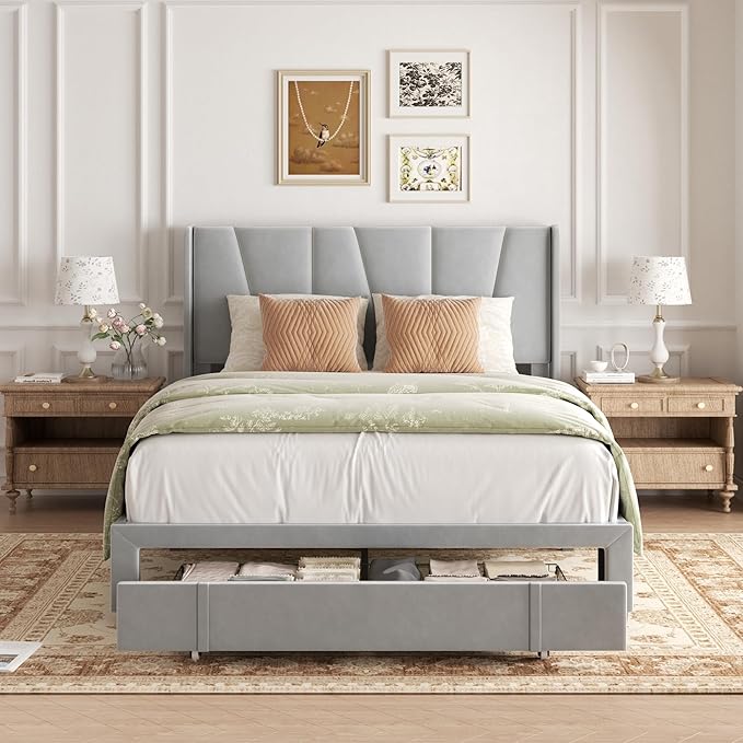 Full Bed Frame with Storage Drawers, Velvet Upholstered Platform Bed with 47" Tall Headboard and Wingboard, No Box Spring Needed, Noise Free, Easy Assembly, Wooden Support Slats, Light Grey